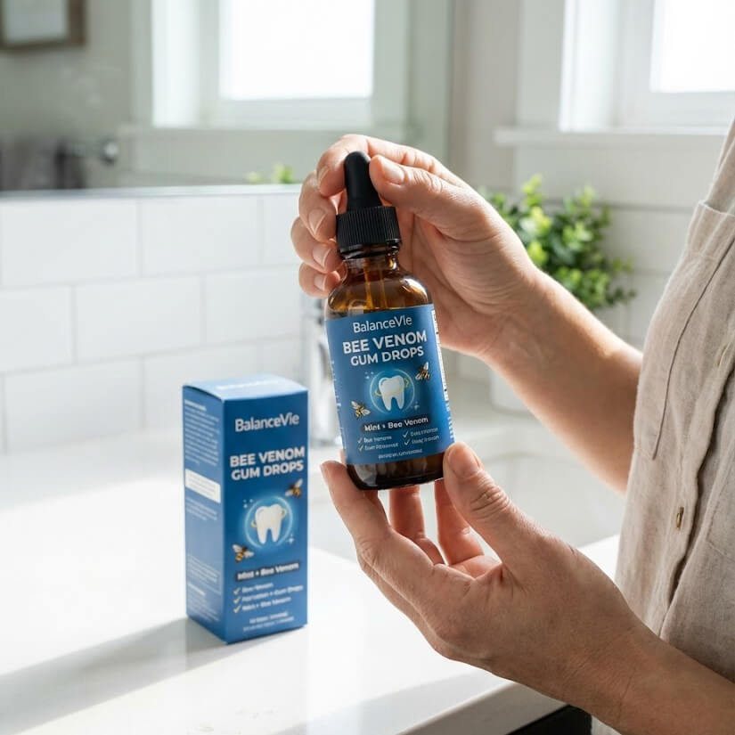Person holding BalanceVie Bee Venom Gum Drops bottle