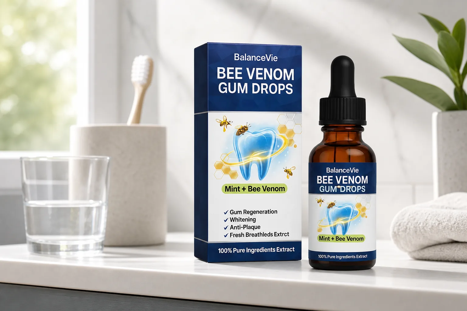 BalanceVie Bee Venom Gum Drops bottle and box in a morning oral-care setting