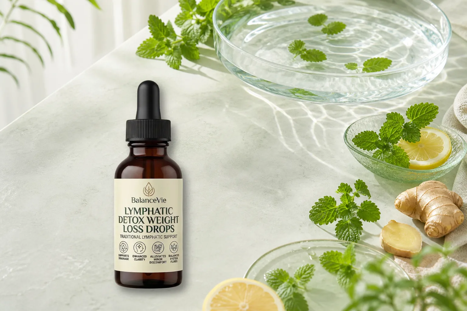 BalanceVie Lymphatic Drainage Drops bottle with water, lemon balm, ginger and fresh botanical accents