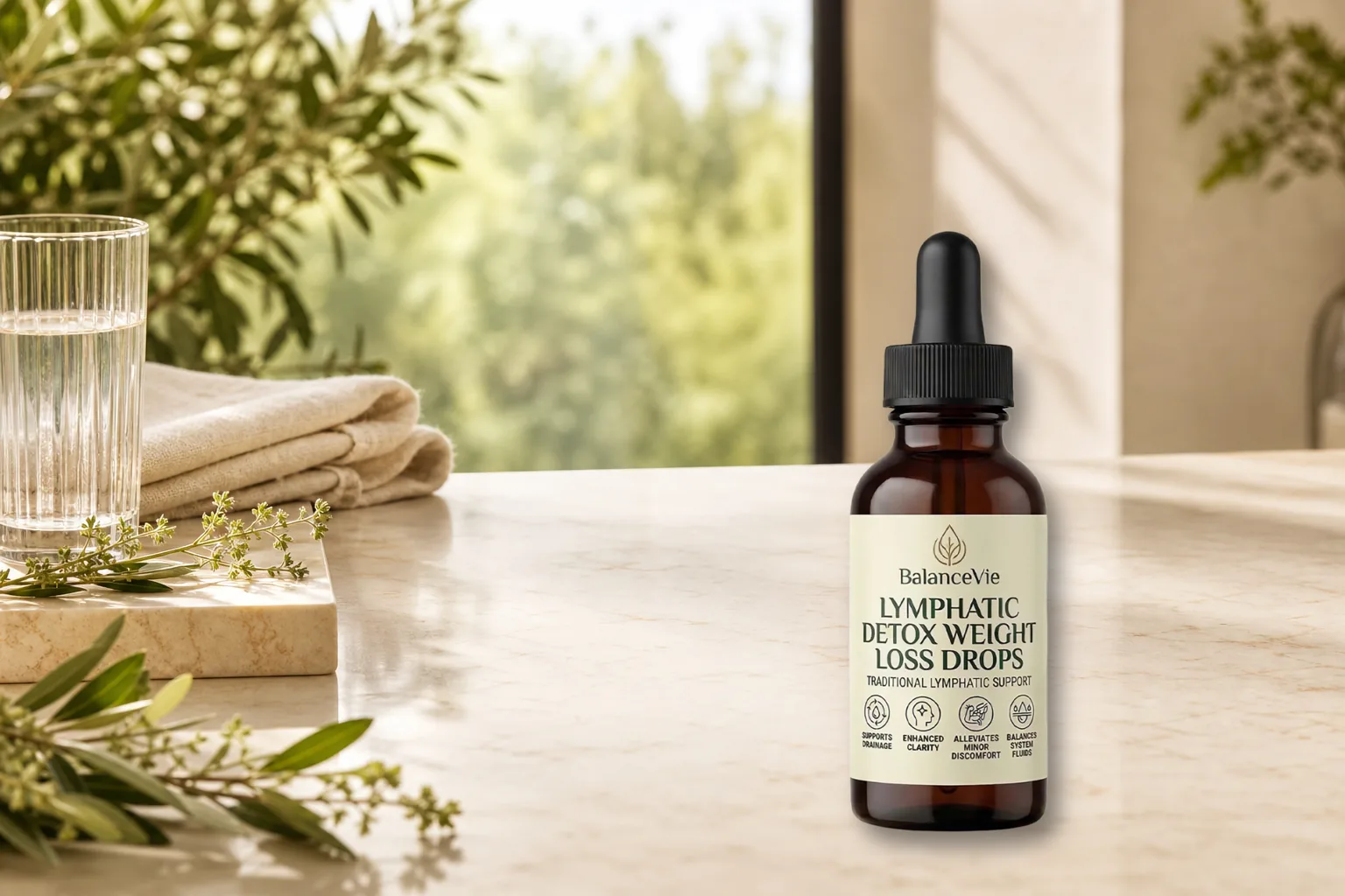 BalanceVie Lymphatic Drainage Drops bottle on a sunlit wellness vanity with water and botanicals