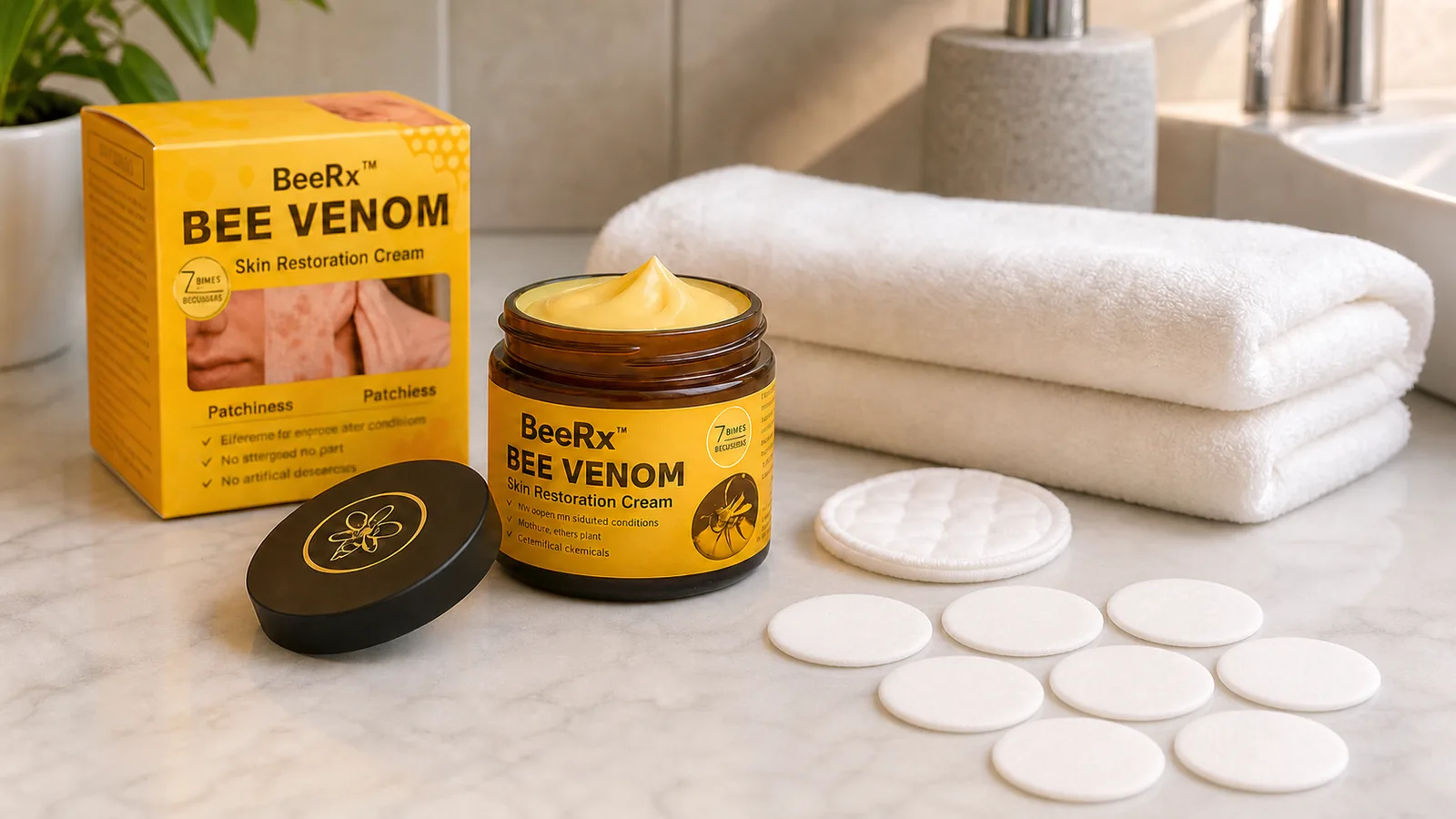 BeeRx Bee Venom Skin Restoration Cream jar and box with cotton rounds in an editorial body-care scene