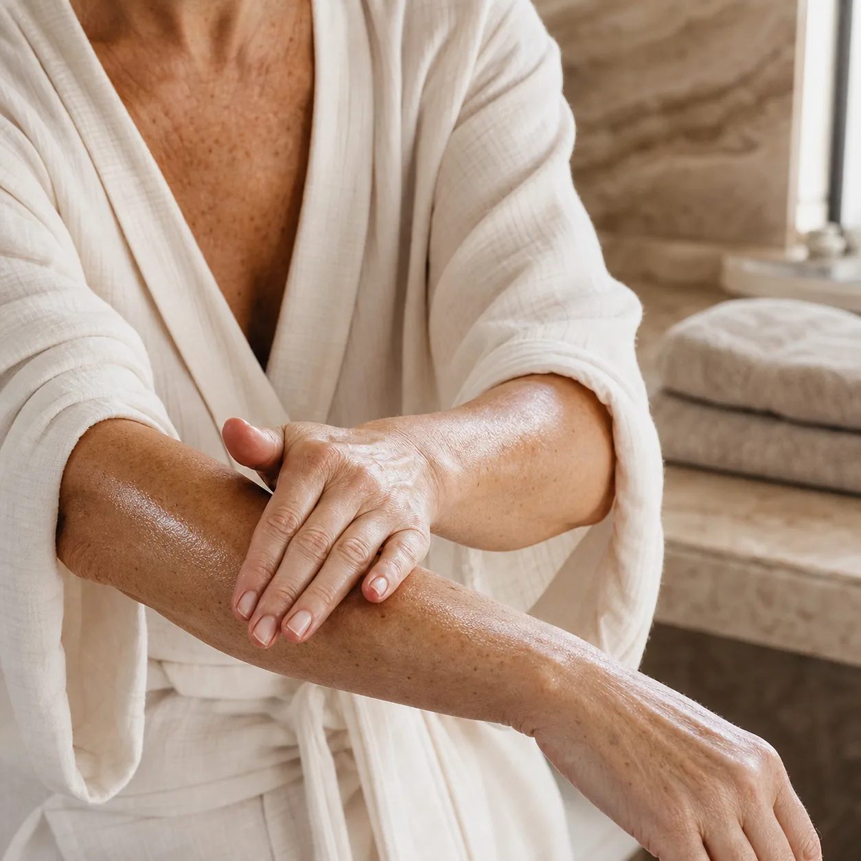 Mature woman applying a thin layer of body oil to her forearm before getting dressed