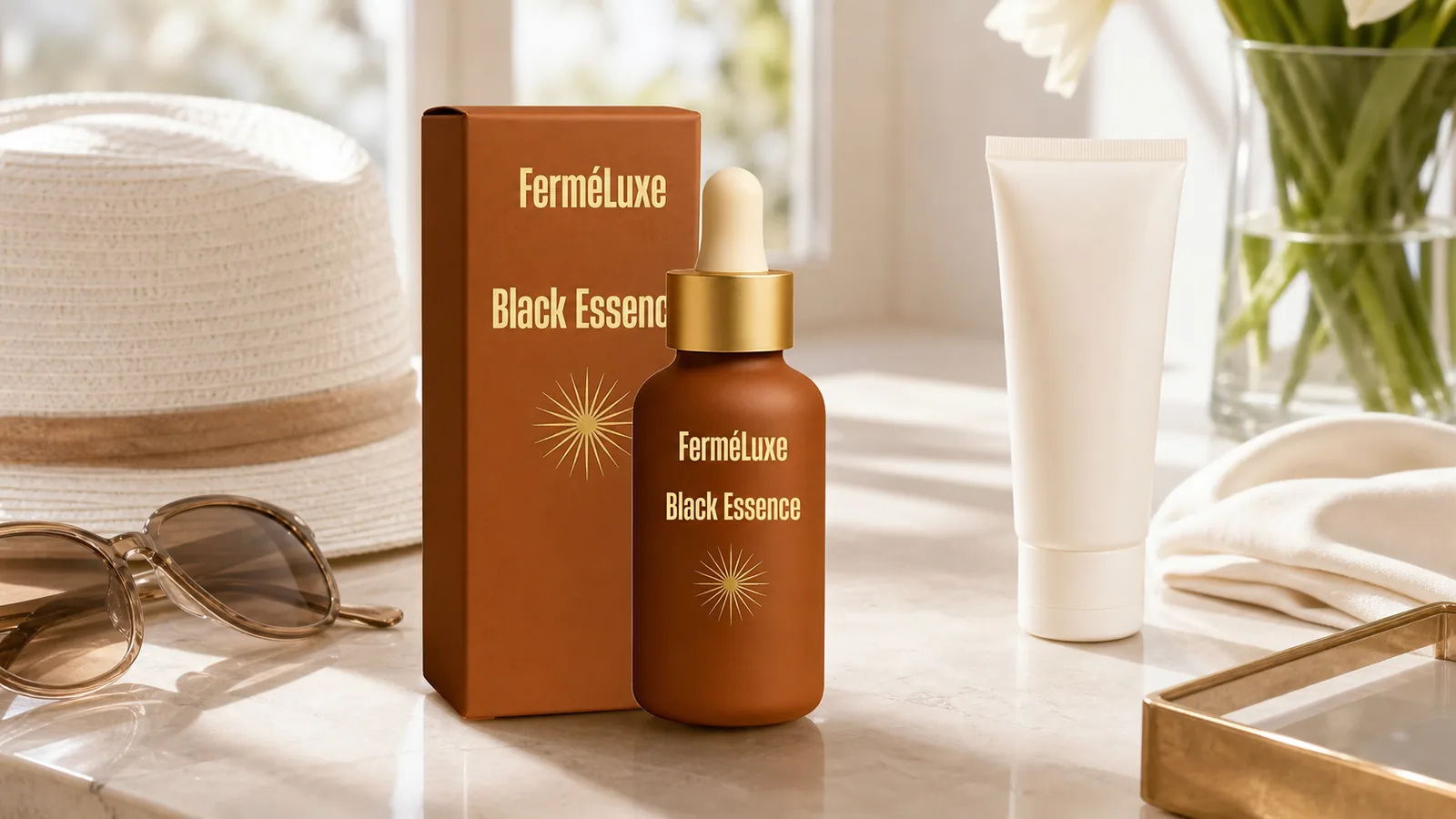 Fermeluxe Black Essence bottle and box beside a separate unbranded sunscreen in an editorial summer scene