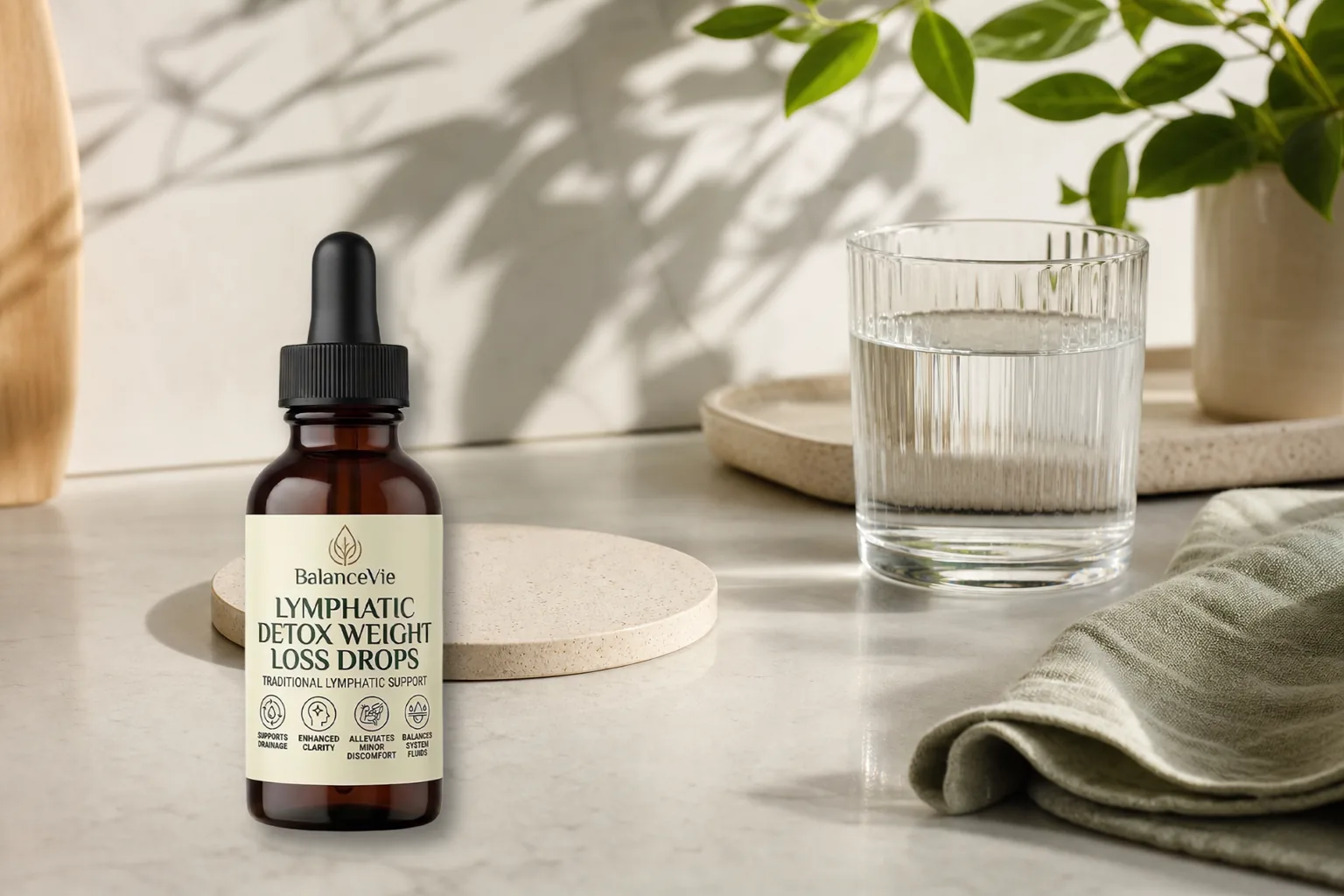 BalanceVie Lymphatic Drainage Drops bottle next to a water glass on a morning counter