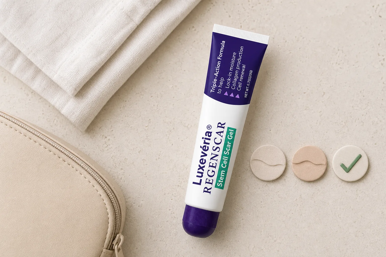 Luxeveria ReGenScar scar gel beside three readiness checkpoints