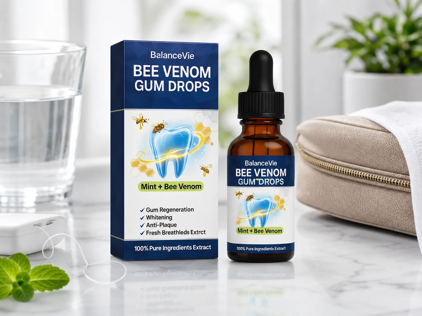Editorial image for a WorthSift buying guide to BalanceVie Bee Venom Gum Drops as a portable oral-care rinse