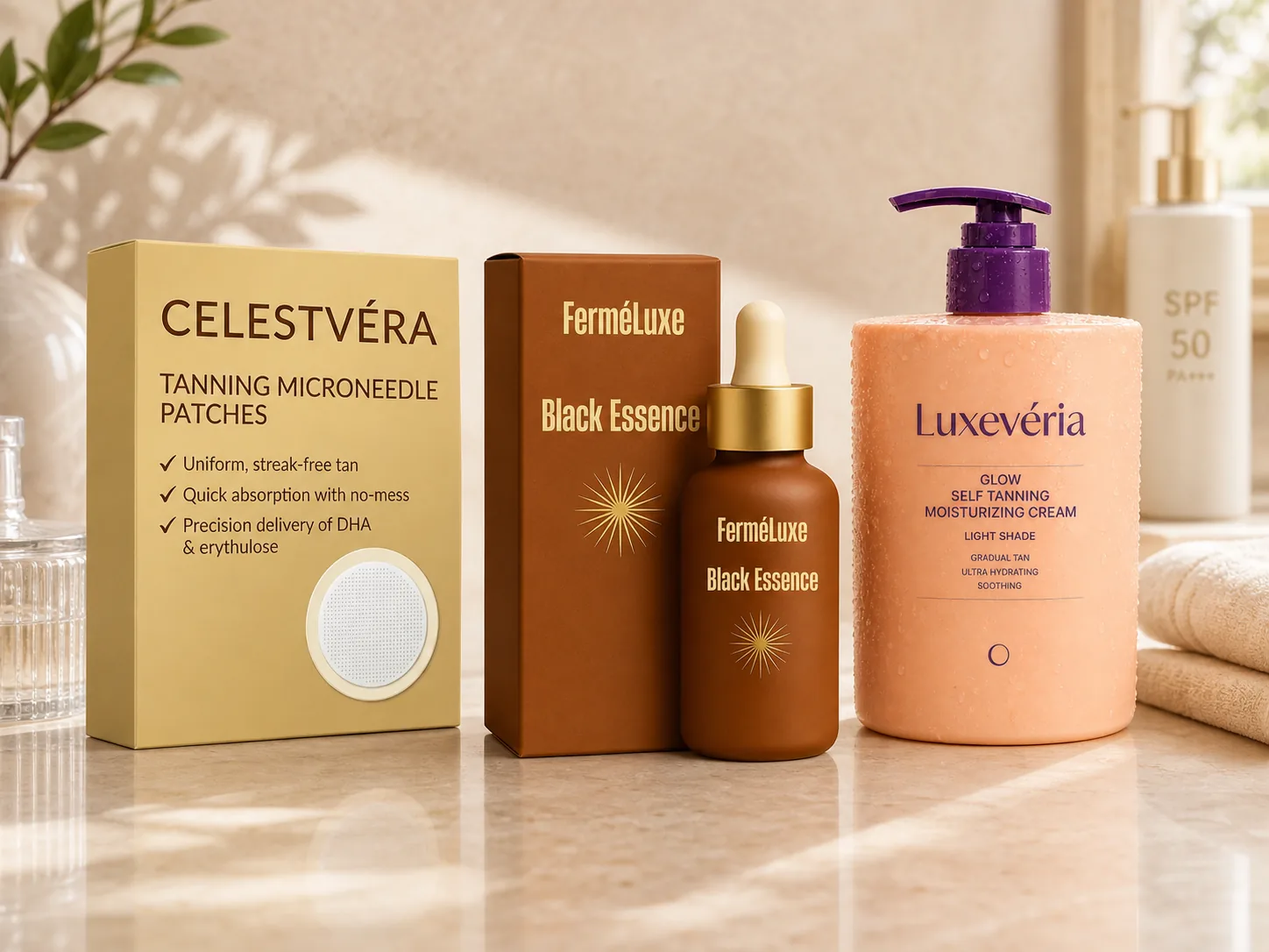 Editorial image for a WorthSift guide comparing Celestvera patches, Fermeluxe drops, and Luxeveria Glow cream