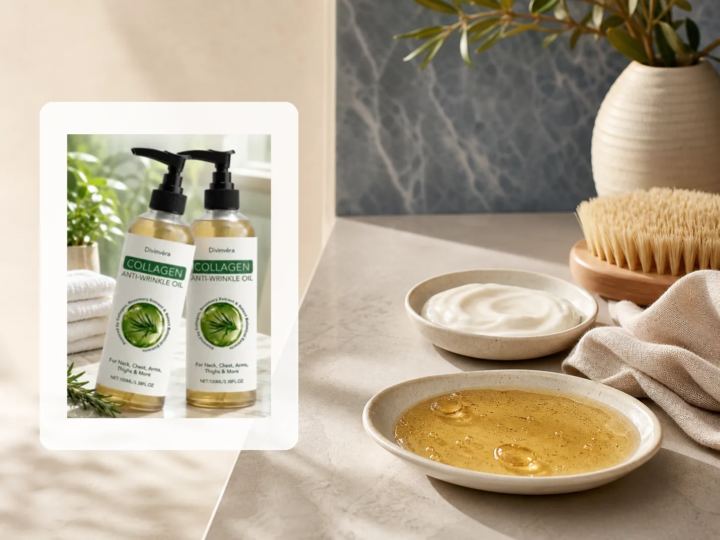 Editorial image featuring Divinvera Collagen Oil in a body oil versus firming lotion layout
