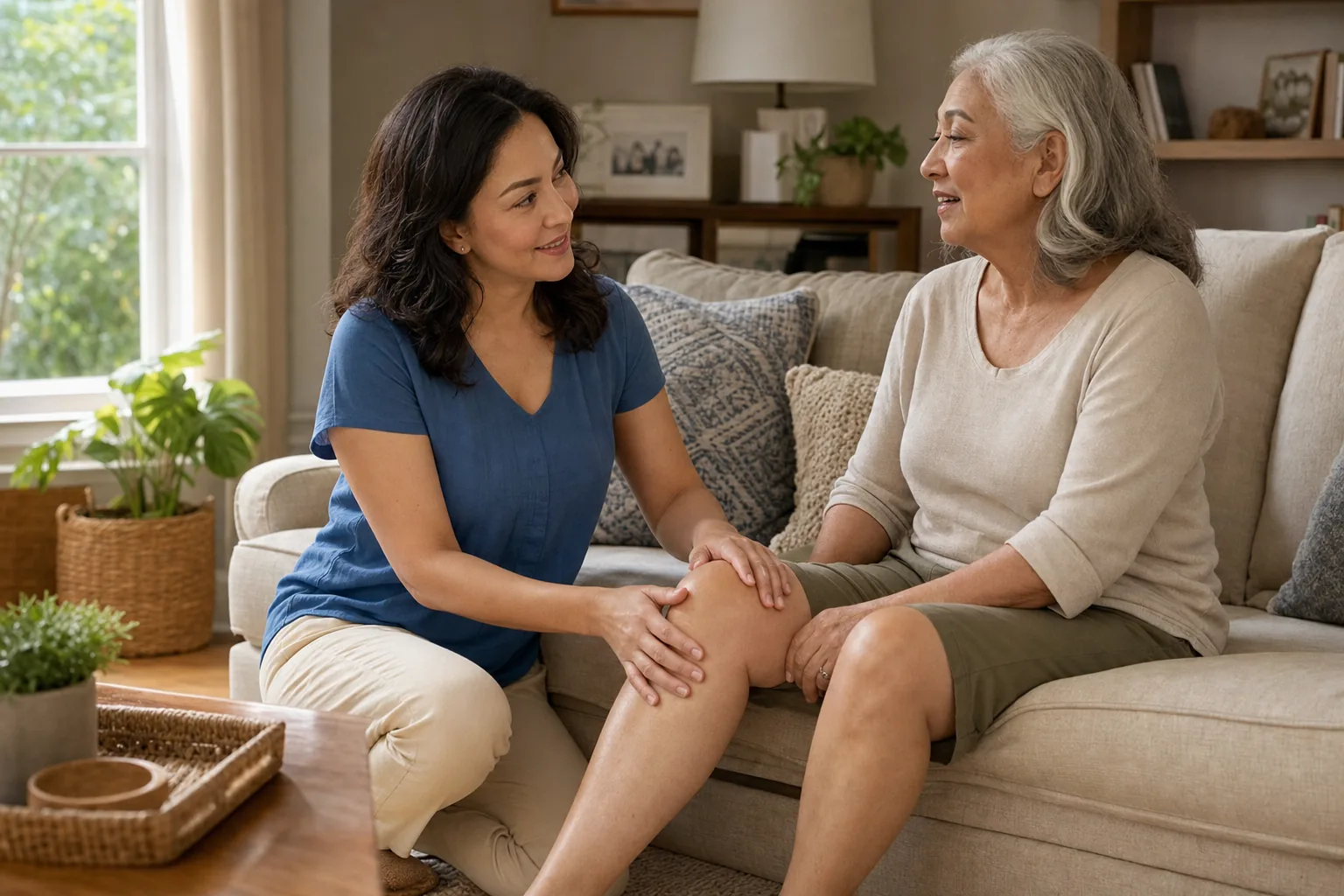 Adult daughter supporting her mother during a gentle at-home knee comfort massage