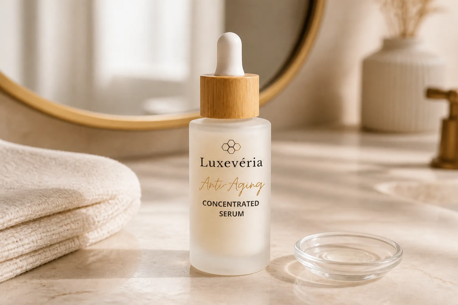 Luxevéria Anti-Aging Concentrated Serum bottle on a warm bathroom vanity