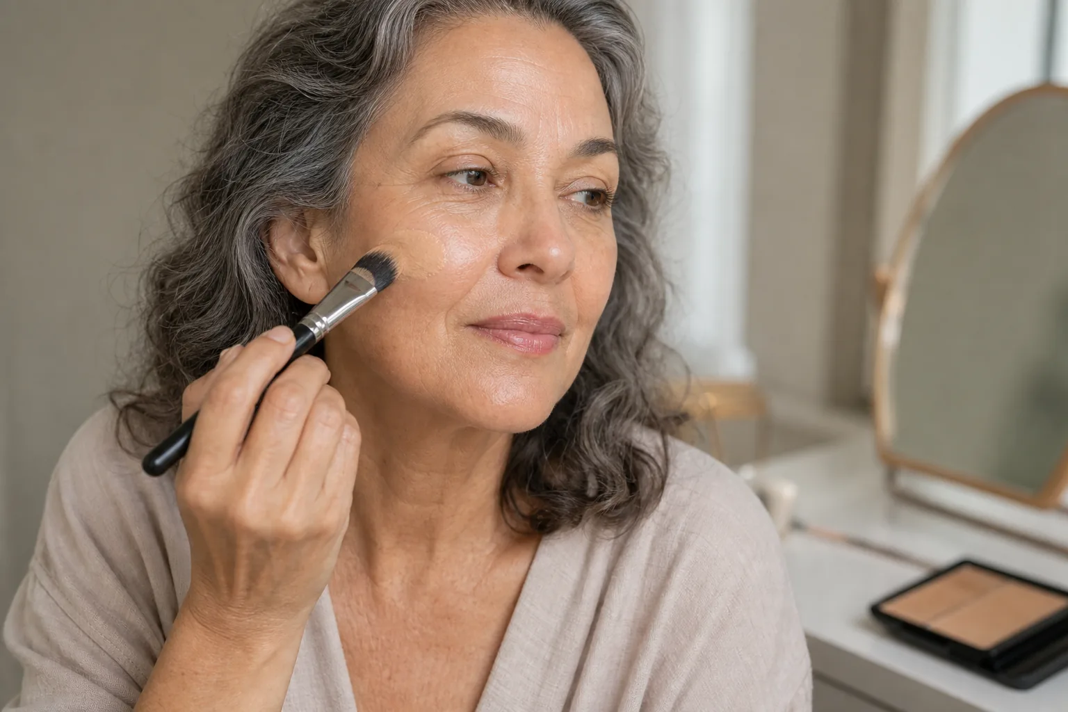 Mature woman applying light skin tint with a makeup brush