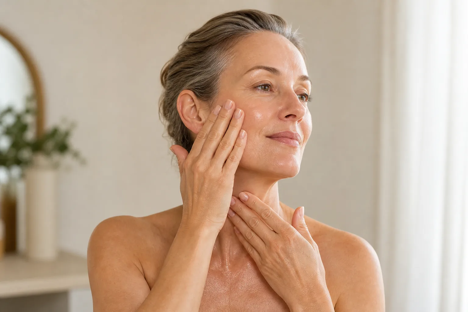 Mature woman pressing her cheek and sweeping upward along the neck