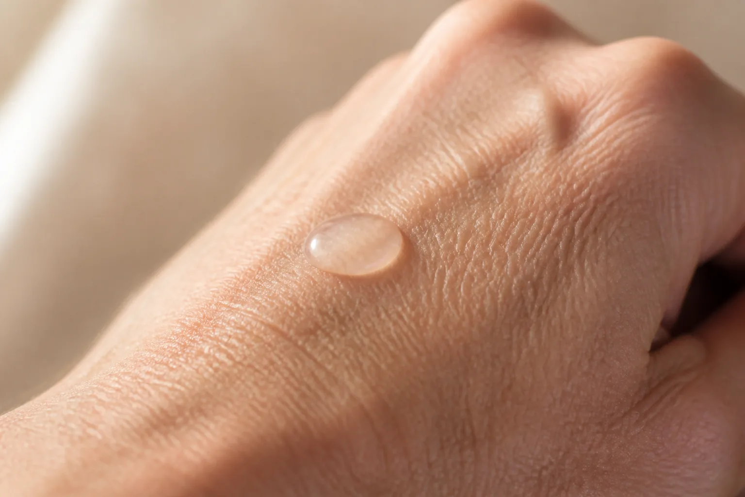 Translucent serum droplet on naturally textured mature skin